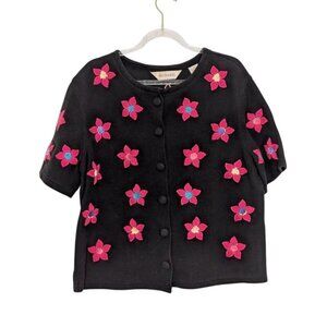 Bechamel Floral Cardigan Womens Size Medium Black Pink Knit Cotton Short Sleeve